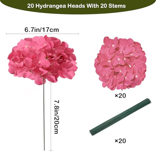 Hydrangea Artificial Flowers, 20 Pcs Hot Pink Hydrangea Artificial Flowers Bulk, Faux Hydrangea Flowers For Outdoor, Fake Silk Fuchsia Hydrangea Flowers With Stems For Wedding Decoration Decor - color: Fuchsia, size: 20 Pcs