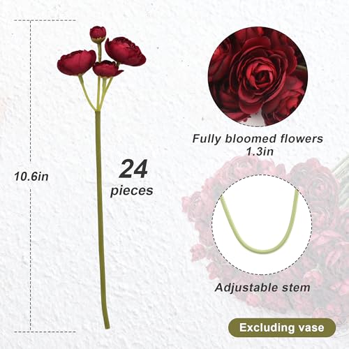 24 Stems Artificial Ranunculus Flowers, 96 Bloom Faux Silk Ranunculus Bouquet for Wedding Decorations, Home Décor, Holiday Arrangements & Large Event Centerpieces (Burgundy) - color: Burgundy