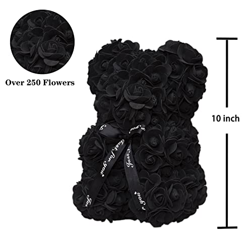 DuHouse 10 inch Rose Bear Artificial Plant for Anniversary, Birthdays, Bridal Showers - Fully Handmade, Unique Gift Box (Black) - color: Black