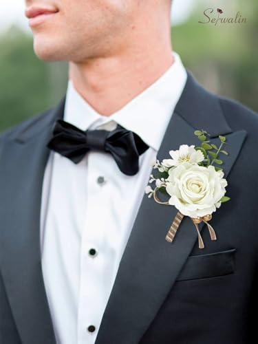 Serwalin 6PCS Ivory Rose Boutonniere for Men Wedding Groom Groomsmen Best Man Artificial Flowers Boutonniere for Wedding Ceremony Anniversary Prom Flowers Formal Dinner Party - color: Ivory, size: Boutonniere 6pcs
