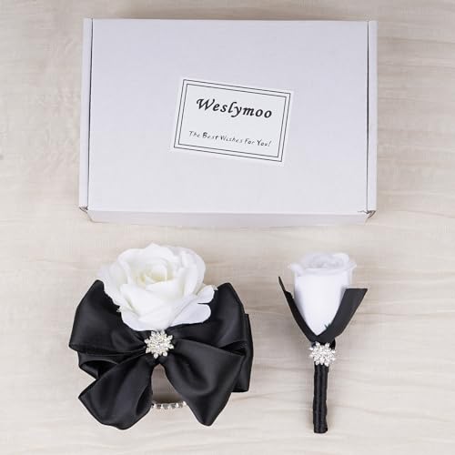 Weslymoo Black Corsage and Boutonniere Set, Prom Artificial Flower Wrist Corsage Bracelets, Homecoming Corsage Wristlet, Boutonniere for Men Wedding Flowers Accessories Prom Suit Decorations