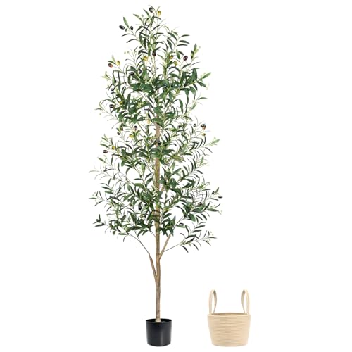 Caxchiling Faux Olive Tree 6FT, Artificial Potted Tree with Planter, Silk Plants Indoor Outdoor, Lifelike Olive Plants with Natural Wood Trunk, Fruits and Buds, Home Office Decor, 1 Pack - color: Olive