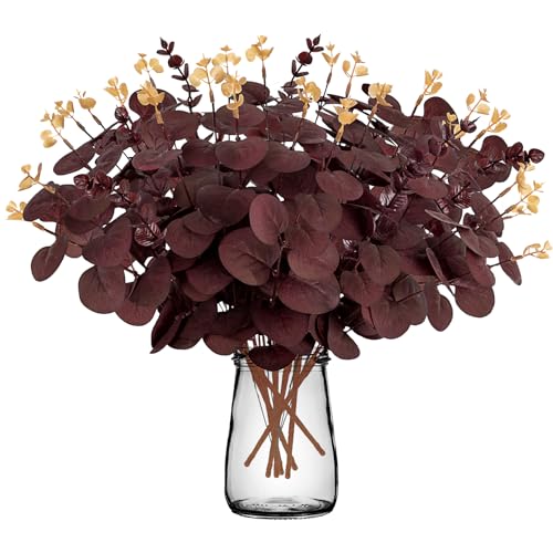 Yen Jean 20PCS Dark Wine Red Halloween Eucalyptus Stems Artificial Fake Flowers Bulk Decorations, Burgundy Branches for Indoor Table Centerpieces Party Supplies - style: Dark Red Wine