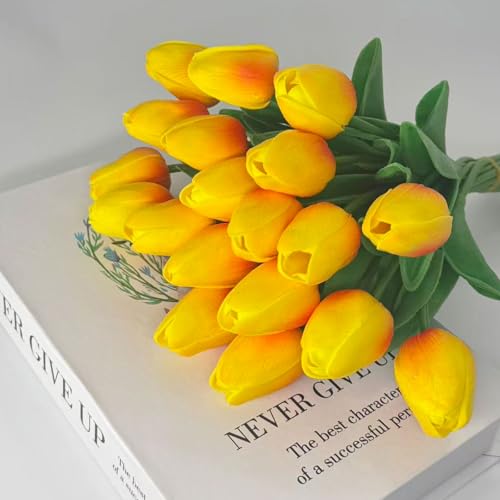 20 Pcs Tulips Artificial Flowers, 13.5'' Real Touch PU Fake Flowers Bouquet for Home Party, Spring Wedding Floral Arrangement, Valentine's, Easter and Mother's Day Decor (Sunset) - color: Sunset