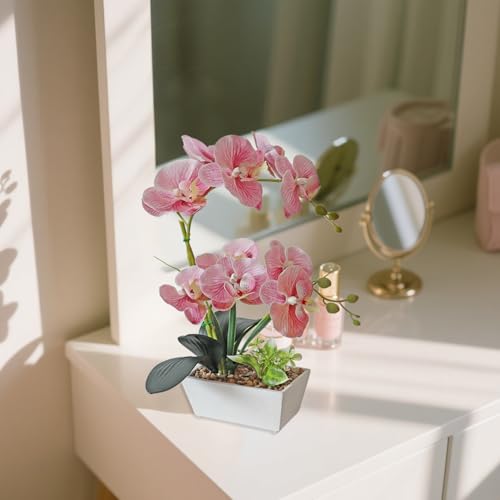 Pink Orchids Artificial Flowers Faux Orchid Plant Indoor Phalaenopsis Look Real With Pot Table Centerpieces Arrangement Lifelike Elegant Home Decor Dining Room Table Shelves Kitchen Decorative Flowers - color: Pink