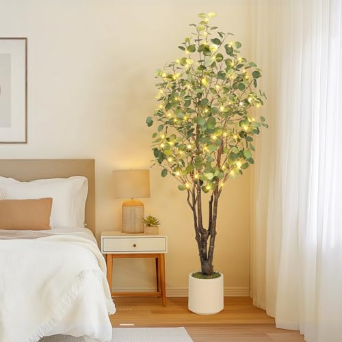 GarveeHome Artificial Eucalyptus Tree, 6 ft Tall Fake Artificial Plant with White Planter，Large Faux Floor Plant Fake Silk Trees Artificial Trees for Home Decor Indoor - size: 6ft