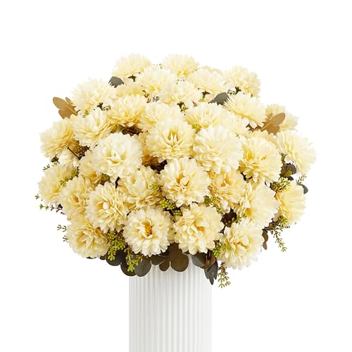 18 Heads Cream White Artificial Chrysanthemum Flowers Fake Mums White Kiku Ball Flowers Bouquet Silk Chrysanthemums for Indoor Outdoor Table Centerpiece Vase Wedding Decoration, 2 Pcs - color: Creamy White Chrysanthemum