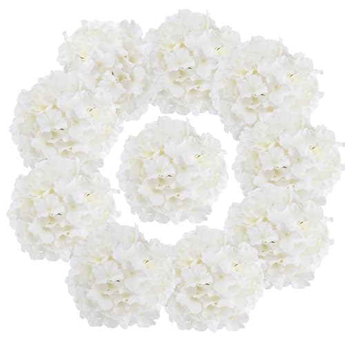Fake White Hydrangea Artificial Flowers - Faux Silk Hydrangeas Flowers Heads with Stems Real Touch for Home Wedding Party Table Decor (White,Pack of 10) - color: White