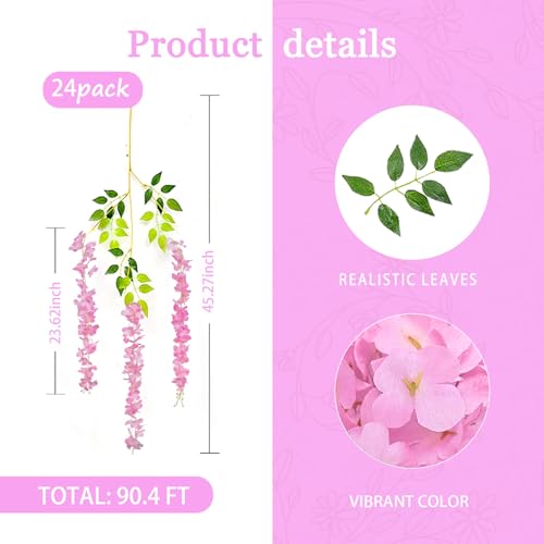 24 Pack Pink Wisteria Hanging Flowers Garland, 3.77 Feet Artificial Flower Vines, Fake Wisteria, Artificial Vines Hanging Garland for Backdrop Outdoor Yard Garden Decor - color: All Pink, size: 24 PCS