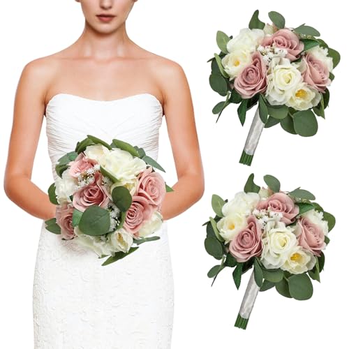 Set of 2 Bridesmaid Bouquets, 11 Inch Wedding Bouquets for Bridesmaids Artificial Flower Bouquets for Wedding Ceremony Bridal Shower Decorations - Dusty Pink & White - color: Dusty Pink & White, size: Set of 2 Bouquets
