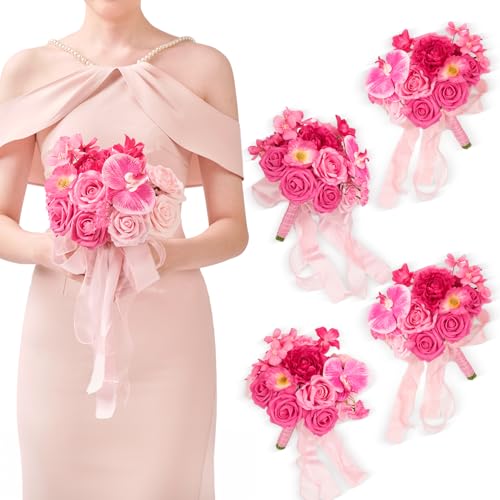 TINGE TIME 7inch Wedding Bouquets for Bridesmaid, Artificial Flowers Cascading Bridal Bouquet for Wedding (Hot Pink, Set of 4) - color: Hot Pink