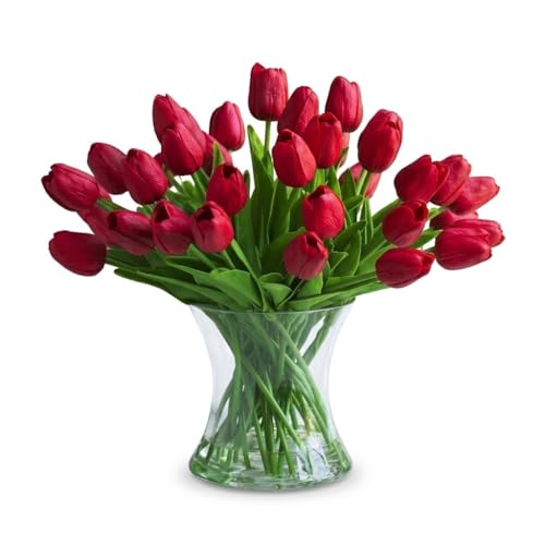 Real Touch Artificial Tulips with Glass Vase and Acrylic Water, 40 Pcs Fake Tulip Flowers Bouquet for Home Office Decor, Silk Flowers Arrangements for Dining Table Wedding Centerpiece (Red) - color: Red