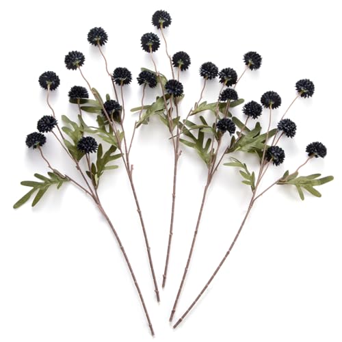 Laelfe Black Kiku Artificial Flower - 5 Pcs Fake Pompon Mums Silk Small Chrysanthemum Faux Ball Flower Stem Decor for Home Wedding Filler DIY Bouquet Centerpieces Arrangements Shower(Black) - color: Black