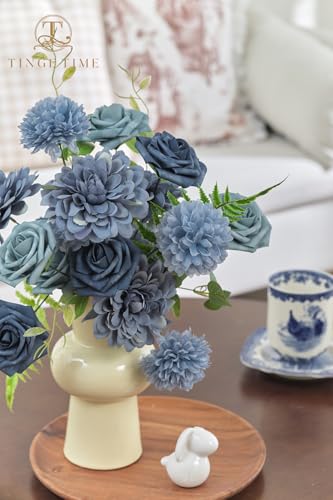 TINGE TIME Artificial Flowers Combo Box Set, Dusty Blue Roses Gradient Color Fake Roses with Stems for DIY Wedding Bouquets Table Centerpieces Baby Shower Home Party Floral Arrangements Decorations - color: Navy Blue