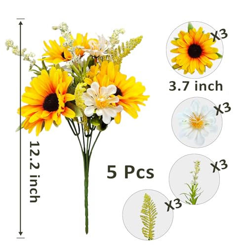 5 Bunches Artificial Sunflowers Bouquets, Fake Silk Sunflower with Faux Daisy Wildflowers Plants for Home Decor Indoor Floral Arrangements Table Centerpiece Bridal Wedding Decor (Orange) - color: Orange