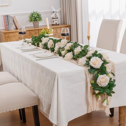 U'Artlines 3 Pack Artificial Champagne Rose Vines Floral Garlands Total 19.5 Ft Fake Vine Silk Flower Garland for Indoor Outdoor Home Wedding Arch Garden Wall Decoration - color: Champagne, size: Set of 3