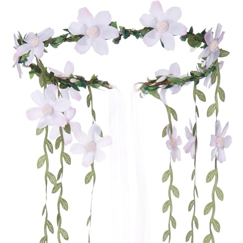 Fairy Pink Flower Headpiece, Artificial Boho Daisy Floral Headband, Forest Woodland Vine Flower Crown for Women Bridal Wedding Renaissance Party Cosplay Costume Hair Accessories - color: Pink