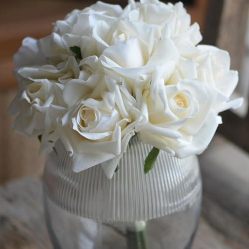 8 Inch Bridesmaid Bouquet, Morandi Ivory Cream White Real Touch Rose Wedding Flowers, Artificial Floral Arrangement for Bridesmaids, Bridal Shower, Toss Bouquet and Wedding Prom - size: 8 Inch