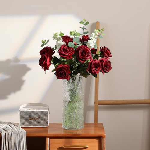 Hawesome 12PCS Artificial Silk Flowers Realistic Roses Bouquet Long Stem for Home Wedding Decoration Party (Burgundy, 12Pcs Flowers) - color: Burgundy, size: 12Pcs Flowers
