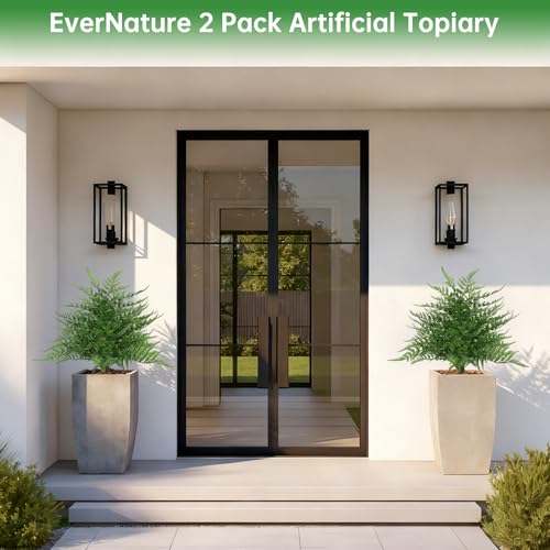 2Pcs Artificial Topiary Ball Trees, 16'' UV Resistant Evergreen | Fake Fern Plants with Ground Spike, Faux Bushes, Artificial Shrubs for Outdoors Indoor Front Porch Garden - color: Fern