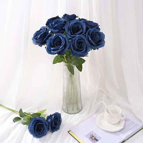 Waipfaru 16 Pcs Blue Roses Artificial Flowers, Long Stem Fake Roses, Silk Faux Flowers for Valentines Wedding Bouquet Vase Centerpiece Home Decor (Navy Blue) - color: Navy Blue, size: 16 Pcs