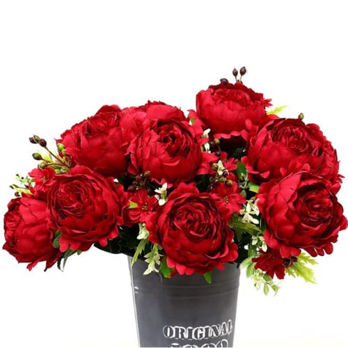 Corkwaw 10 Heads Peonies Artificial Flowers, 17-1/2" Long Vintage Silk Fake Peony Bouquet for Home Garden Decoration Office Verandah Wedding Decorations (red) - color: Red