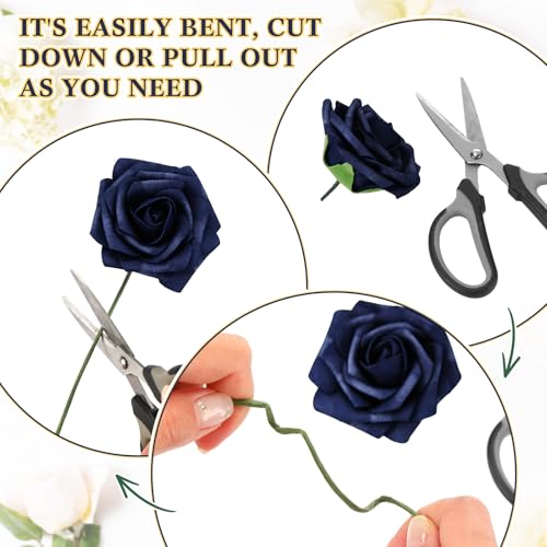 Tigeen 200 Pack Navy Blue Artificial Roses Flowers Bulk with Stems Artificial Foam Rose Real Looking Fake Flower for DIY Wedding Bouquets Bridal Shower Centerpieces Floral Arrangements Home Decoration - color: Navy Blue