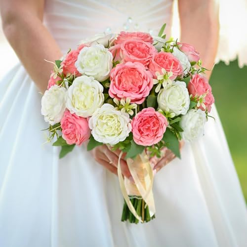 MARTINE MALL 4 Packs Peonies Artificial Flowers, Mixed White Pink Artificial Peonies, Silk Peonies Flowers Fake Peonies Artificial Flowers Peonies Bouquet for Centerpiece Table Wedding Home Decor - color: Mixed White Pink, size: 4PCS