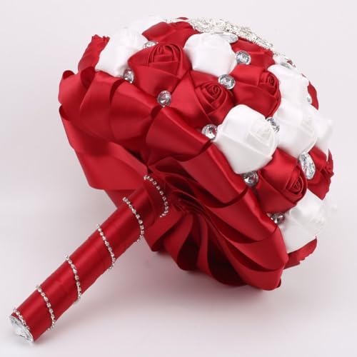 Bridal Wedding Bouquet Drop-Shaped Rhinestones Brooch Bouquet for Bride Bridesmaid Quinceanera Satin Red Rose Flower Bouquet Wedding Burgundy and White 9.5in - color: Burgundy& White, size: Diameter: 9.5 inches