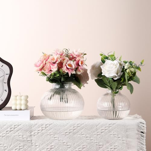 Round Glass Vases Set of 2, Flower Vases for Bouquet, Ribbed Glass Vase for Flowers, Small Clear Vase for Living Room, Office, Coffee Table, Shelf, Wedding - color: Clear, size: Round+Medium