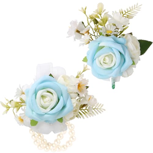 Wrist Corsage and Boutonniere Set, Artificial Rose Corsage Wristlet and Boutonniere for Wedding Prom Party (Light Blue 1 Boutonniere&1 Wrist Corsage) - color: Light Blue 1 Boutonniere&1 Wrist Corsage