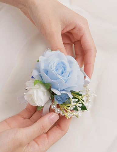 Alizeal 2Pcs of Wrist Corsage and Boutonniere Set, Artificial Flowers Accessories Suit Decor for Wedding Prom Party Homecoming Ceremony, Blue+White - color: 701-blue+white