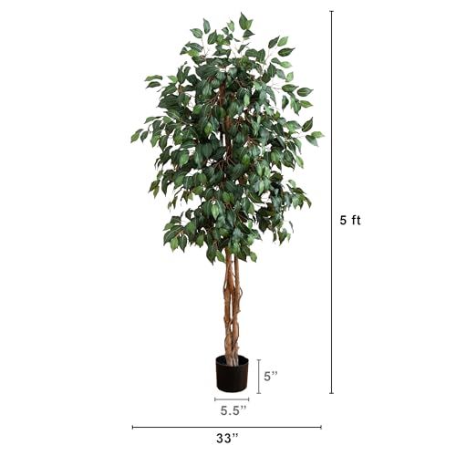 Nearly Natural 5ft Artificial Ficus Tree, Triple Trunk Faux Greenery with Natural Wood Trunks for Indoor Home Decor, with Black Nursery Pot - size: 5ft, style: Tree in Pot
