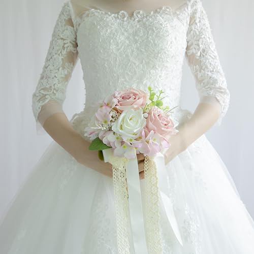 Wedding Bouquets for Bride Bridesmaid, Artificial Dusty Rose Bride Flower Bouquet for Wedding Church Decoration Ceremony, Anniversary, etc, Roses Flowers - color: Dusty Rose & Blush & White