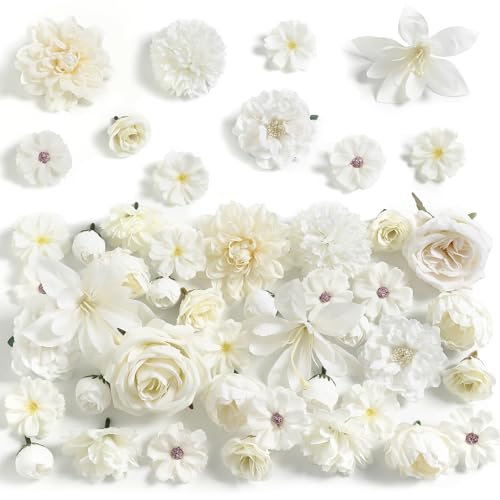 rongflower Fake Flower Heads for Crafts - White Silk Artificial Roses, Peonies, Daisies & Mini Floral Heads Bulk (48-Pack) for Wedding Decor, Graduation Cap, Cake Topper, Baby Shower, Home Decoration - color: White