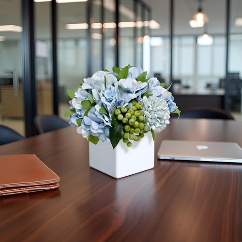 LADADA Fake Flowers in Ceramic Vase,Faux Hydrangea Flower Arrangements for Home Decor Artificial Flowers with Vase - color: Blue Hydrangea