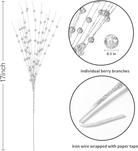 Artificial Glitter Berry Stems Silvery Decorations 17 Inch, Fake Berries Bead Sticks Pick for Halloween Christmas Ornaments Glittery Berries Xmas Tree Wreath Vase Filler Home Decor - Silver 10 Pack - color: Glitter Berry Sticks - Silver 10 Pack