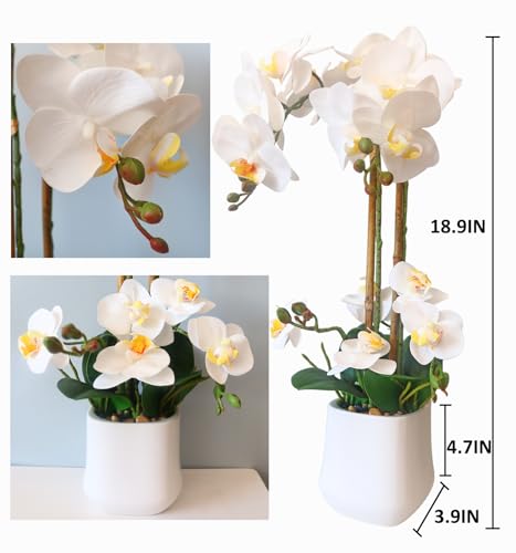 Fake Orchid Faux Flowers 18.9In Tall White Orchid Artificial Flowers Plants Home Office Decor 17 Heads Realistic Potted Orchids Faux Flowers in Ceramic Pot for Table Centerpieces Arrangements - color: White
