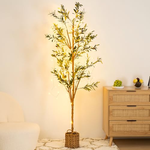 6ft Artificial Olive Tree with LED Fairy Lights, Tall Faux Potted Plant with Woven Basket - Natural Wooden Trunk & Lifelike Leaves & Fruits for Indoor Home Office Foyer Decor Housewarming Gift - size: 5ft 11in