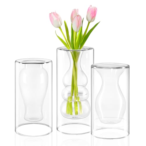 ZENS Unique Clear Small Flower Vase Set of 3, Modern Floating Decorative Vases, Double Hollow Cool Glass Vases, Hand Blown Bud Vases for Home Small Bouquet, Wedding Centerpieces - color: Transparent, size: 7 inch tall Vase Set of 3
