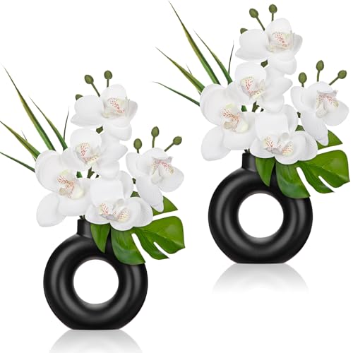 Briful Fake Orchid Flowers with Black Pot 2PCS White Orchid Silk Flowers Arrangement Artificial Orchid Plants for Home Office Room Kitchen Shelf Table Modern Decor - color: White Black