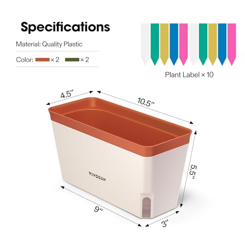 VIVOSUN Self-Watering Planters, 4-Pack 10.5 Inch Compact Rectangular Window Herb Planter Box with 10 PCS Plant Labels, Plant Container for Basil, Flowers, Succulents, Indoor & Outdoor - size: 4