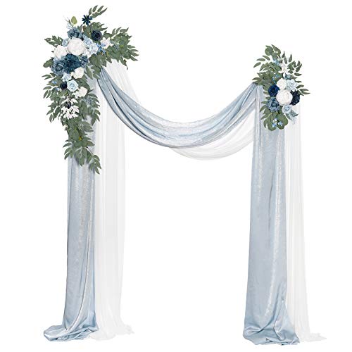 Ling's Moment Dusty Blue Artificial Wedding Arch Flowers Kit Pack of 4, 2pcs Hanging Flower Arrangement 2pcs Chiffon Drape Ceremony Spring Fake Silk Rose Arbor Backdrop Floral Swag Outdoor Beach Decor - color: Blu-dusty Blue & Navy