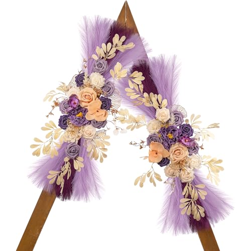Lisuun Wedding Arch Flowers, Artificial Flowers for Decoration, Large Flower Swag for Boho Styles Wedding Ceremony Floral Decor - Pack of 2 - color: Purple Champagne Pampas