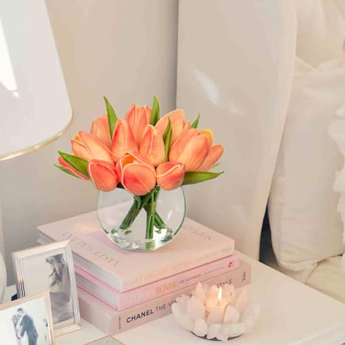 DILATATA Artificial Peach Tulips in Vase with Faux Water 6" Real Touch Flowers Fake Tulips Small Flowers Arrangement in Round Glass Vase for Mother's Day Table Centerpiece Wedding Home Decor - color: Round Vase/Peach/1 Set