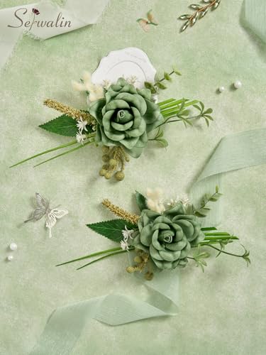 Serwalin 2 Pcs Boutonniere, 6-7 Inch Green Corsage for Wedding, Boutonniere for Men Groom and Best Man Prom Ceremony Anniversary Party Suit - color: Green, size: Boutonniere-2pcs