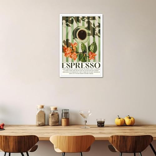 Funny Espresso Coffee Poster Trendy Kitchen Canvas Wall Art Green Coffee Cup On Table Floral Aesthetic Prints Painting For Living Room Kitchen Cafe Bar Wall Decor 16x24in Unframed - color: style 01, size: 16"L x 24"W