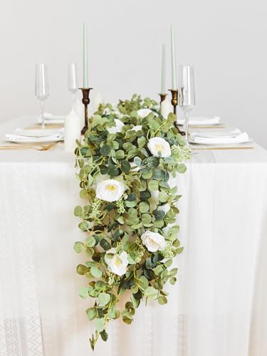 PARTY JOY 2pcs 6.56ft Eucalyptus Garland with Flowers-8 White Roses, Artificial Fake Flowers Greenery Garland Floral Vines for Decoration Party Wedding Table Indoor Outdoor Backdrop Wall Decor(White) - color: White, size: 2PC