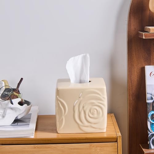 Beige Ceramic Cube Tissue Box Cover with Rose – Large Elegant Rose Floral Square Decorative Tissue Box Holder for Bathroom, Bedroom, Office Desk, Kitchen Counter – Perfect Housewarming Gift - color: Beige