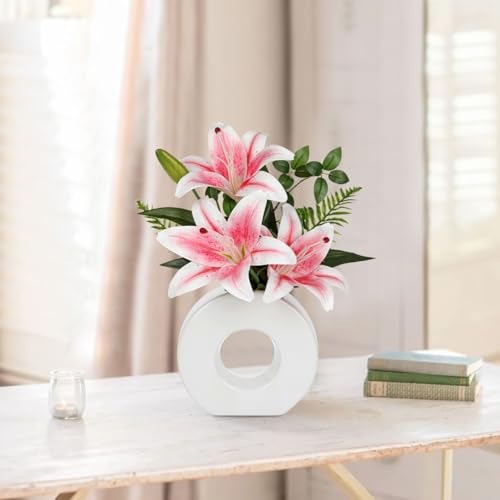 Artificial Flowers in Vase 13" Realistic Fake Lilies Flowers with 3 Heads Full Bloom Tiger Lily Floral Arrangement Pink Faux Flowers for Vase Table Centerpieces Home Wedding Bathroom Office Decor - color: Pink